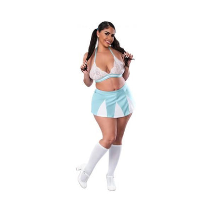 Magic Silk Exposed Head Cheerleader Costume Blue Queen Size - Lace Bralette, Preppy Skirt, and G-String Set for Women's Sensual Play