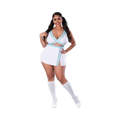 Magic Silk Exposed White Queen Size Dress Up School Spirit Costume - Cross Front Sporty Dress with Matching G-String - Soft Stretch Jersey and Lace - Blue/White Striped Elastic - Model: DS-12345 - For Women - Pleasure Wear - White and Light Blue