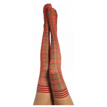 Kixies Grace Plaid Thigh-high Red Size A: Elegant Red Plaid Business-Attire Thigh-Highs for Women - Model: Grace A1 - All-Day Comfort and Stay-Up Fit - Perfect for Holiday Festivities - Size A (Height 4'11