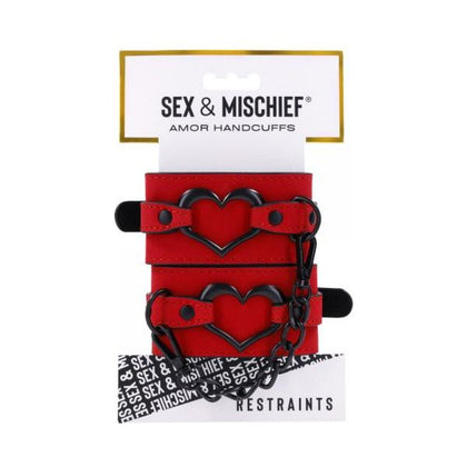 Sportsheets Sex & Mischief Amor Handcuffs - Red Vegan Leather Bondage Cuffs for Couples, Model AM-001, Women's Pleasure, Seductive Black Heart Accent