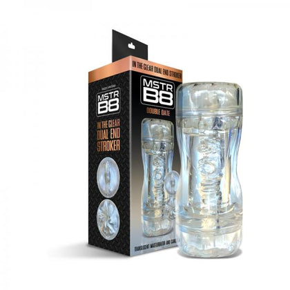 Introducing the MSTR B8 In The Clear Double Date Dual End Stroker - Model DD-001 for Men: Dual-Ended Canister Stroker with Tight Pussy and Ass Entries - Translucent, Textured, Waterproof - Colour: Clear