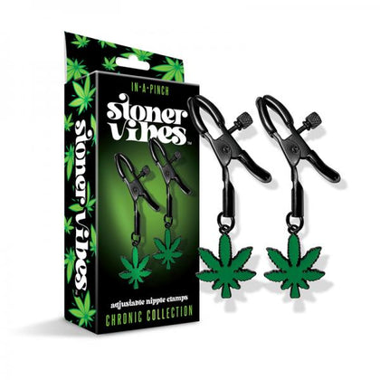 Stoner Vibes Chronic Collection Nipple Clamps Model X1 - Unisex Adjustable Nipple Clamps for Sensual Play - Cannabis Charm - Black
