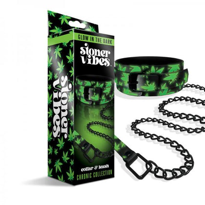 Stoner Vibes Chronic Collection Glow In The Dark BDSM Collar and Leash Set, Model: 420-Dom, Unisex, Neck and Wrist Restraint, Black and Green