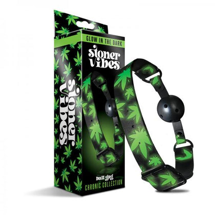 Introducing the Stoner Vibes Chronic Collection Glow In The Dark Breathable Ball Gag - Model 420X for Submissive Men and Women: Sensory Deprivation and Quiet Pleasure in Stylish Black and Green.