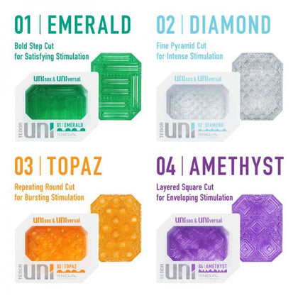 Introducing the TENGA Uni Variety Pack, Model UNI-01, Unisex Pleasure Sleeve Set for Multi-Functional Stimulation in Emerald, Diamond, Topaz, and Amethyst Textures