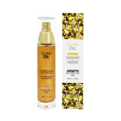Exsens Glam Oil 1.7 Oz. - Luxurious Dry Glittering Body and Hair Oil for All Skin Types - Golden Silky Smoothness with Sweet Almond Oil - Vegan and Paraben-Free - Eco-Friendly Bio-degradable Glitter