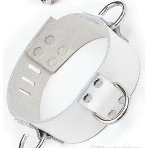 Sturdy Leather Locking Collar - 3 D-Ring, White, Medium