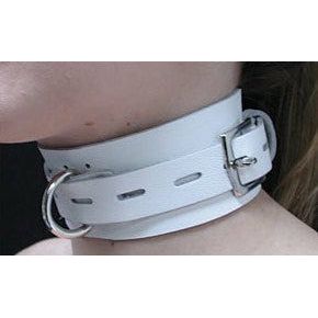 Deluxe White Leather Buckling Collar - Model 001, Small - Unisex BDSM Neck Restraint - Neck-Wrapping Design for Enhanced Intimacy - White