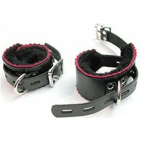 Leather Bound Passion: Black Fleece-Lined Buckling Cuffs with Scalloped Edge - Model XX-123 - Unisex - Wrist and Ankle Restraints - Red