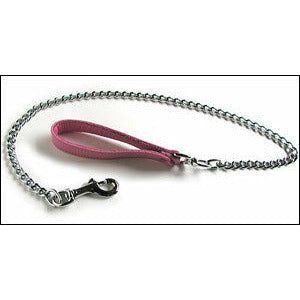 Introducing the Exquisite Elegance Chain Leash with Pink Leather Handle - Model CL-2000, Unisex, Perfect for Sensual Bondage Play!
