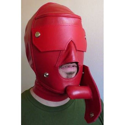 Luxury Leather Red Slave Hood with Snap-On Leather Gag and Blindfold - Model M-L - Unisex - Ultimate Sensory Deprivation and BDSM Pleasure - Crimson Red