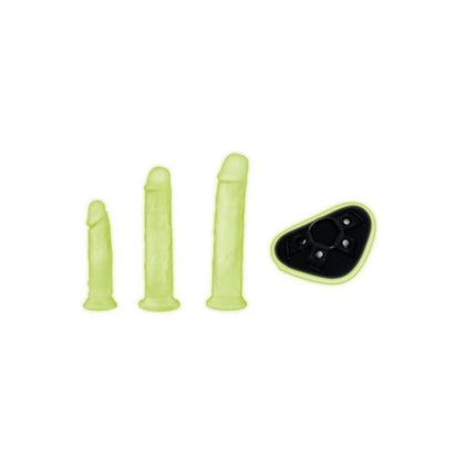 Introducing the Lumina 4pc Glow-In-The-Dark Pegging Kit with Dildos - Model LD-2021 - Unisex Strap-On Harness Set for Unforgettable Pleasure - Vibrant Glow-in-the-Dark Green