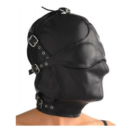 Asylum Leather Hood with Removable Blindfold and Muzzle - M-L: The Ultimate Sensory Deprivation Experience for Intense Play, Model ALH-ML, Unisex, Head-to-Toe Pleasure, Black - Adult Naughty Store