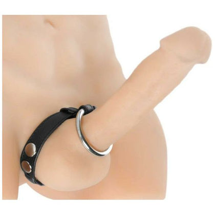 Introducing the Exquisite Leather and Steel Cock and Ball Ring - Model X1, for Men, Enhancing Pleasure and Power, in Sleek Black - Adult Naughty Store