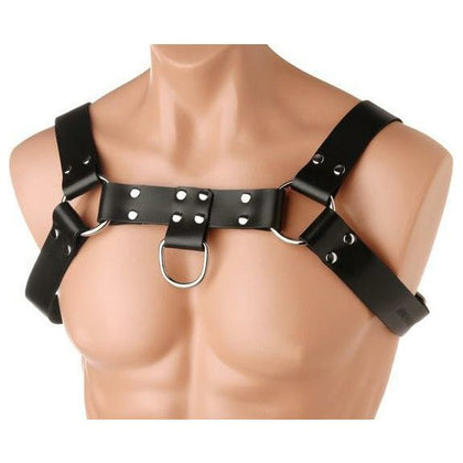 English Bull Dog Black Leather Chest Harness for Men - Model X123 - Enhance Pleasure and Control - Size Range: 32-44 inches - Adult Naughty Store