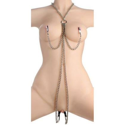 Seductive Silver Chained Collar Nipple Clamps and Clitoris Clamp Set - Model X1234 - Unisex - Intimate Stimulation - Metal/Vinyl - Adult Naughty Store