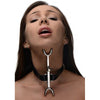 Introducing the Sinful Steel Heretics Fork Posture Collar - Model X1: The Ultimate Sadistic Pleasure Device for Neck and Chest Play - Unleash Your Dark Desires in Black - Adult Naughty Store