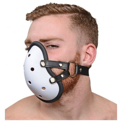 Introducing the Exquisite Eros Musk Athletic Cup Muzzle White - Model MUZ-2021. Unleash a new level of sensory delight with this innovative and captivating BDSM accessory.