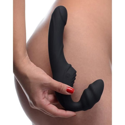 Strap U Slim Rider Ribbed Vibrating Strapless Strap On - Premium Silicone Double Ended Dildo for Intense Pleasure - Model SR-9001 - Female Strap-On Toy for Shared Delight - Black - Adult Naughty Store