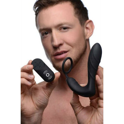 Introducing the LuxeSilk Pro-7 Silicone Prostate Vibrator and Strap with Remote Control - The Ultimate Pleasure Experience for Men in Black
