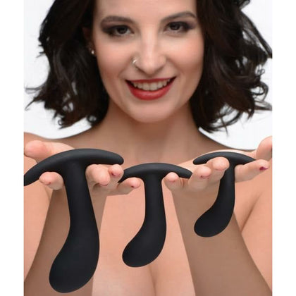 Introducing the Luxe Pleasure Co. Silicone Dark Delights 3 Piece Curved Anal Trainer Set - Model LXP-ADT-3PC-001 - Unisex Backdoor Pleasure - Black