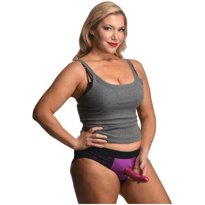 Lace Envy Crotchless Panty Harness - Model 3XL: Unleash Sensual Delight for All Genders with this Purple/Black Spandex Lingerie - Adult Naughty Store