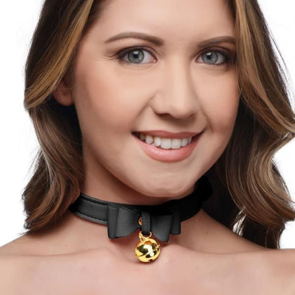 Introducing the Luxurious Kitty Pleasure Bell Collar - Model LKPC-001, for Submissive Felines of All Genders - Black-Gold