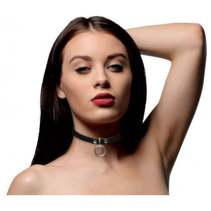 Introducing the Collared Vixen Silver Ring Slim Choker - Sensual BDSM Submissive Collar for Petite Lovers in Black - Adult Naughty Store