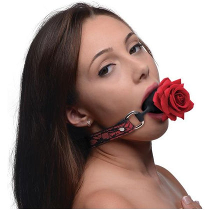 Full Bloom Silicone Ball Gag with Rose - Sensual Red and Black Lace Strap, Adjustable, Phthalate-Free, Body-Safe, for All Genders, Exquisite Oral Restraint - Model FBSBG-001