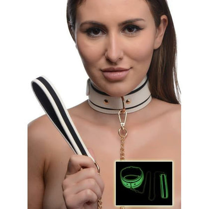 Introducing the Luminary Pleasure Collar and Leash Set - Model LIT-420: A Captivating White Glowing BDSM Accessory for All Genders and Sensual Delights