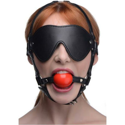 Introducing the SensaPlay Leather Blindfold Harness and Ball Gag Set - Model X1: A Captivating Journey into Sensory Deprivation and Submissive Play for All Genders, Amplifying Pleasure in Black and Red