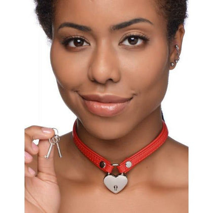 Elegant Lockable Heart Leather Choker - Model HLC-001 - Red - For Power Exchange Play and Chastity