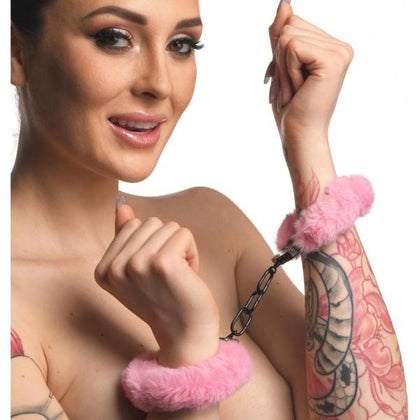 Pink Furry Handcuffs by Sensual Pleasures - Model X1 - For Couples - Wrist Restraints for Sensual Play - Soft Faux Fur - Adjustable Circumference - Pink - Adult Naughty Store