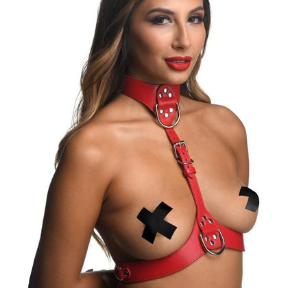 Introducing the Seductive Red Leather Chest Harness - Model RXL-2000 - Designed for Alluring Female Pleasure