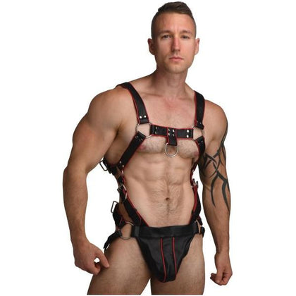 Heathen's Male Body Harness - L/XL: The Ultimate Red and Black PU Leather Pleasure Enhancer for Men - Model HMBH-1001