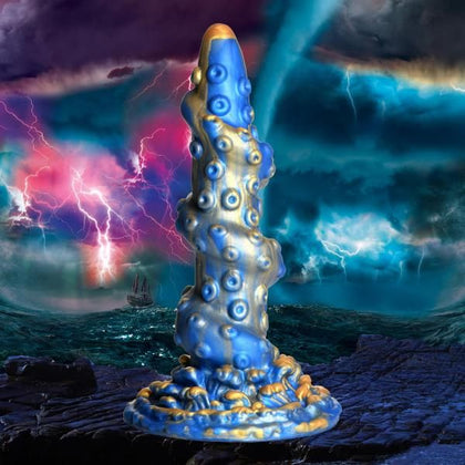 Introducing the Exquisite Pleasure Co. Kraken Tentacled Silicone Dildo - Model KT-5000 - Unisex - Deep Sea Delights - Blue & Gold