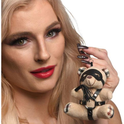 Bondage Bear Teddy Keychain - BDSM Fetish Toy for All Genders - Mini Flogger, Eye Mask, and O-Ring Harness - Beige