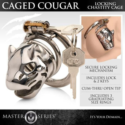 Introducing the LuxeLock Caged Cougar Stainless Steel Locking Chastity Cage - Model LXC-2000: A Captivating Silver Pleasure Device for Men