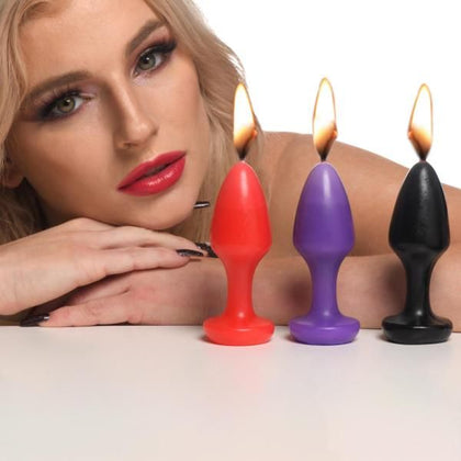 Introducing the Sensual Pleasure Co. Kink Inferno Drip Candles: Butt Plug Shaped Wax Play Delight - Model X123 - Unisex - Sensational Sensory Stimulation - Red, Black, Purple