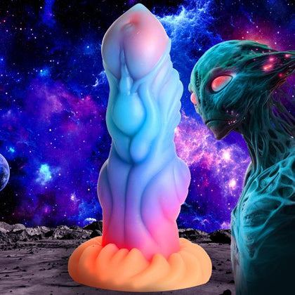 👽 Introducing the Galactic Pleasure Creations Venus 69 Alien Invader Glow-in-the-Dark Silicone Dildo for Otherworldly Sensations in Blue, Orange, Pink and Purple! 👽 - Adult Naughty Store