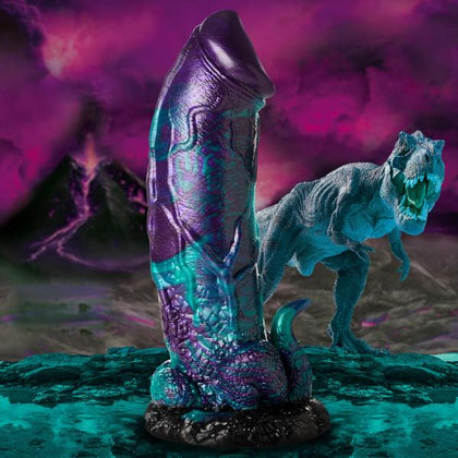 Introducing the exquisite LUSTY Dino-Dick Silicone Dildo XL - Model 001 | Unisex | G-Spot & Prostate Stimulation | Glittering Blue, Black, Purple, and Teal - Adult Naughty Store