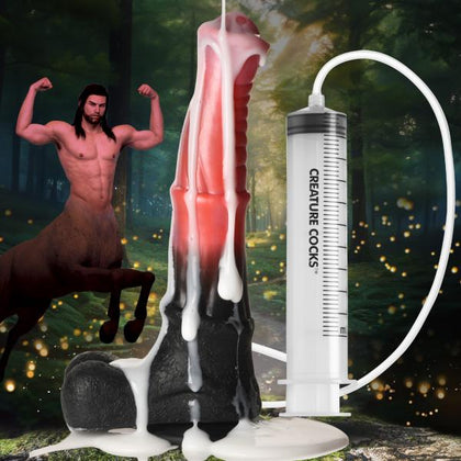 Introducing the Exotic Pleasures Centaur Explosion Squirting Silicone Dildo CSD-500 for Him, Ribbed Shaft, Black/Peach