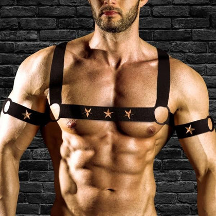 Wildcard Rave Harness Elastic Chest Harness With Arm Bands L/XL - Unisex Pleasure Enhancement Tool, Model 8932, Black/Silver 🌟