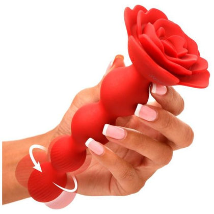 Silicone Love Rose Vibrating and Rotating Anal Beads - Rose Twirl Model X10 - Unisex Pleasure Toy in Red