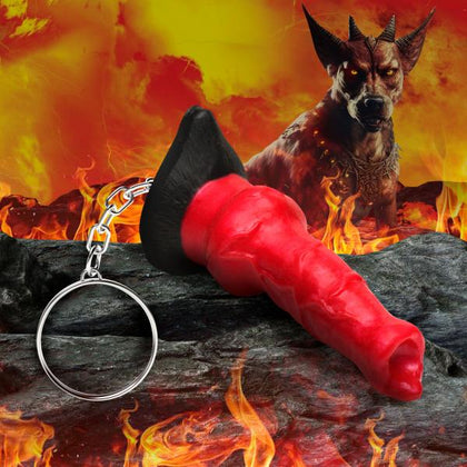 Introducing the MonsterCocks Hell-Hound Mini Dildo Key Chain, Model HND-001, for Him: Anal Pleasure, in Fiery Red and Black