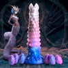 Introducing the Tenta-Queen Ovipositor Silicone Dildo With Eggs: Model TR-Q201. For Adventurous Adults Seekers of Deep Sea Delights. Blue, Pink & Pearly White, Harness-Compatible, Impregnate with Six Blue & Purple Eggs.