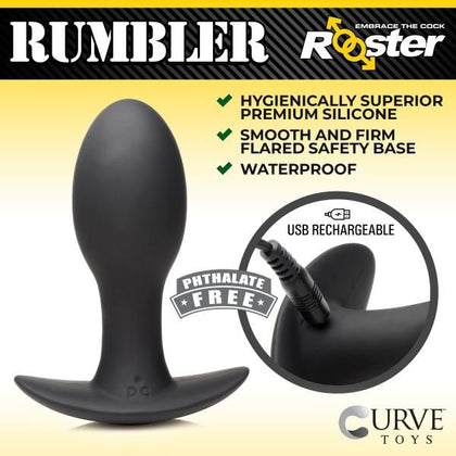 Curve Toys Rooster Rumbler Vibrating Silicone Butt Plug - Medium (Model No. CR-VRBP-MED) - Unisex Anal Pleasure - Black