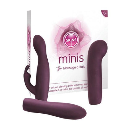 Creative Conceptions Skins Minis Massage A Trois - Versatile 3-in-1 Vibrating Bullet with 3 Pleasure Sleeves for G-Spot, Clitoral, and More - UBS Rechargeable - Model 2023 - For Couples and Women - Sensual Kit - Deep Purple