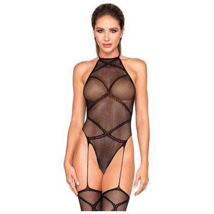 Dreamgirl Fishnet Garter Teddy Bodystocking Black O/S - Seductive Criss Cross Halter Neckline Lingerie for Women - Alluring Intimate Wear for Thigh High Pleasure - One Size Fits Most - Adult Naughty Store