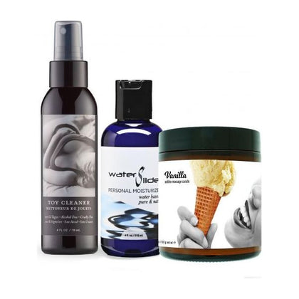 Earthly Body Play & Pleasure Gift Set - Vanilla: Sensual CBD-Infused Waterslide Moisturizer, Toy Cleaner, and Edible Candle